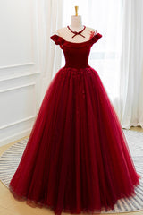 Prom Dresses Dress, Burgundy Velvet Tulle Floor Length Prom Dress, Lovely Evening Party Dress