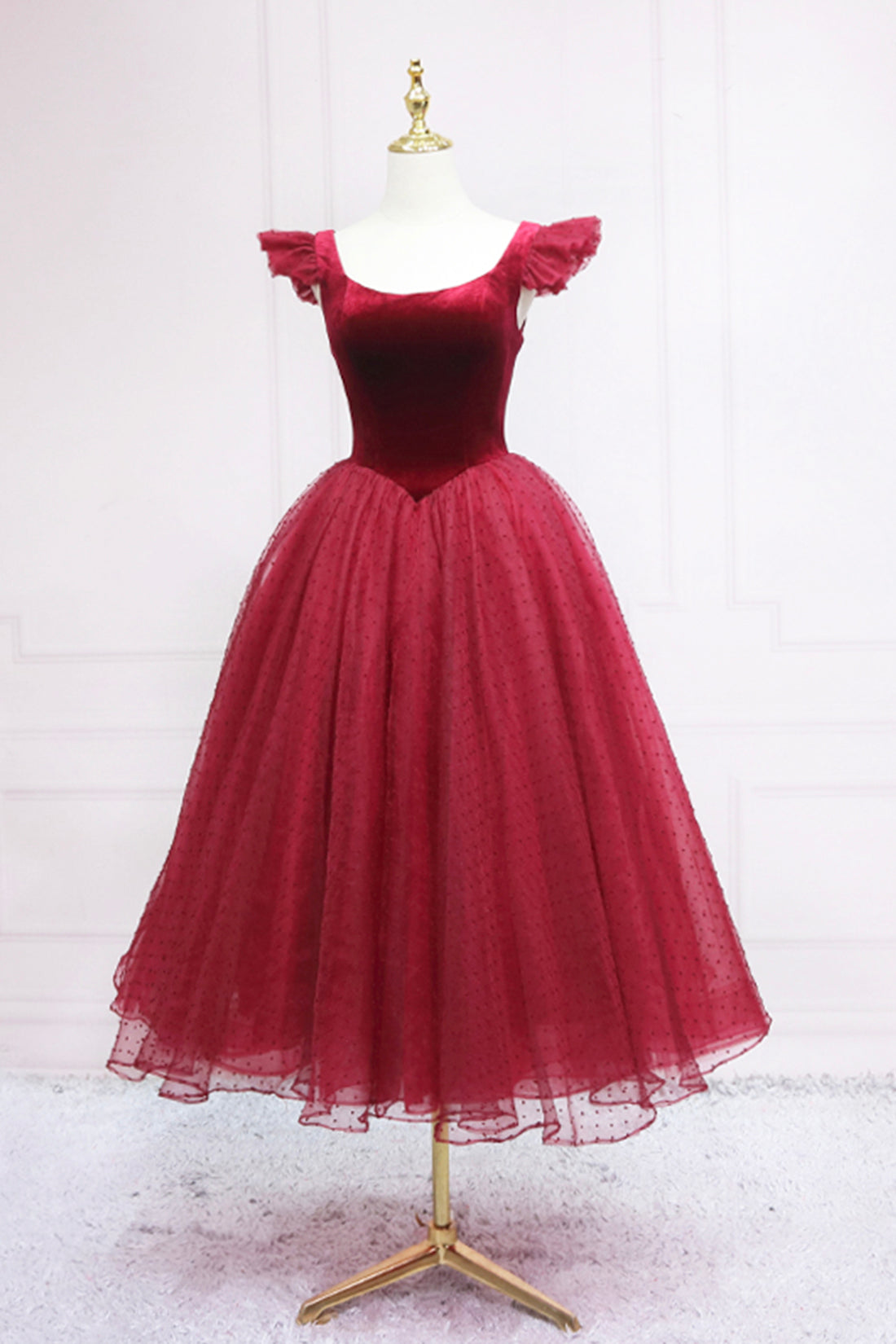 Bridesmaids Dresses Sale, Burgundy Velvet Tulle Tea Length Prom Dress, Cute A-Line Party Dress