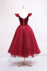 Bridesmaid Dresses Sales, Burgundy Velvet Tulle Tea Length Prom Dress, Cute A-Line Party Dress