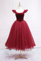 Bridesmaid Dress Satin, Burgundy Velvet Tulle Tea Length Prom Dress, Cute A-Line Party Dress