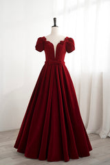 Bridesmaid Dressing Gown, Burgundy Velvet Velvet Long Prom Dress, Cute Short Sleeve Party Dress