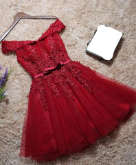 Formal Dresses On Sale, Burgundy Lace Off Shoulder Short Prom Dress, Lace Evening Dress