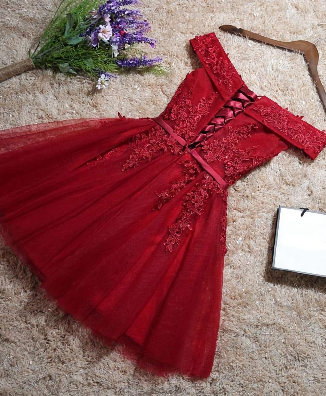 Formal Dress On Sale, Burgundy Lace Off Shoulder Short Prom Dress, Lace Evening Dress