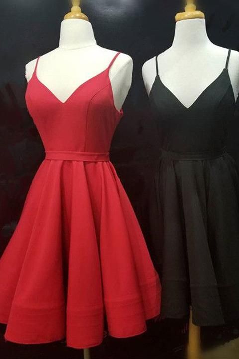 Evening Dresses Formal, simple real picture red satin spaghetti straps short homecoming dresses graduation dress