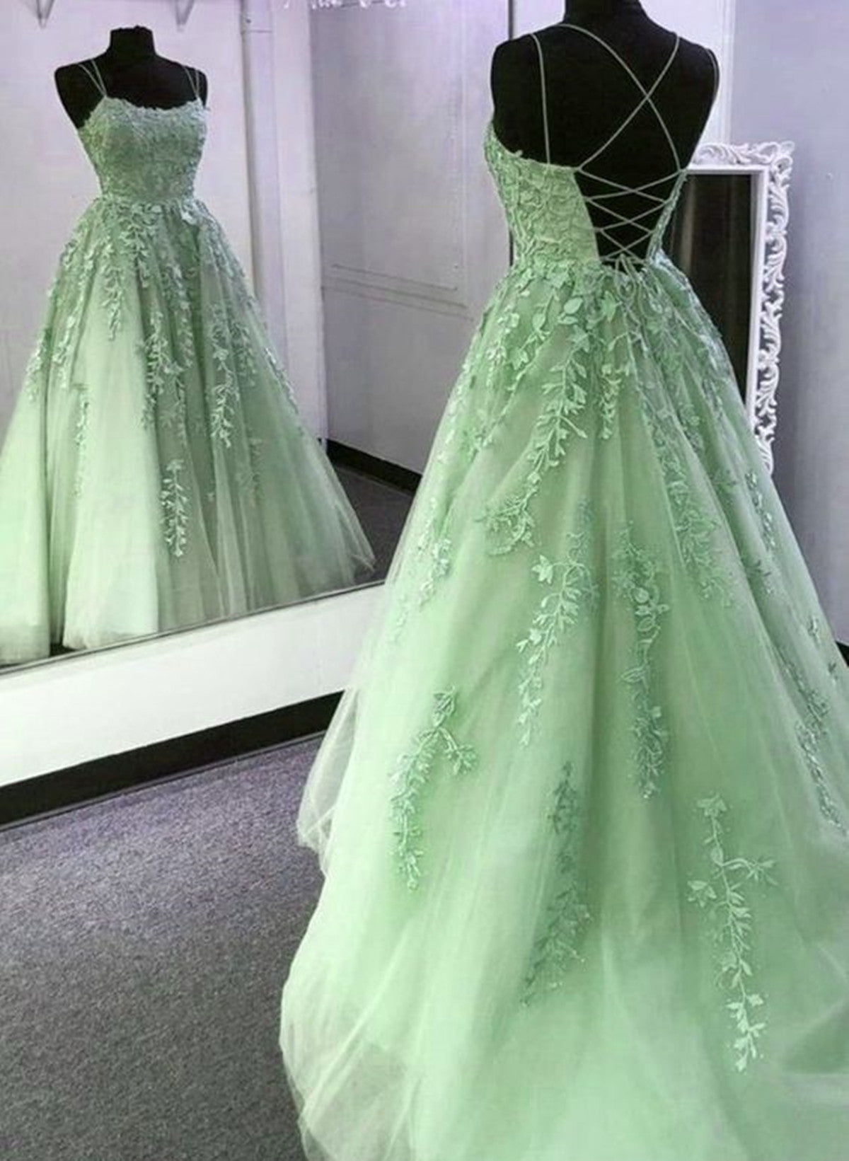 Formal Dress Floral, Sage Green Straps Tulle With Lace Train Long Prom Dress, Sage Green Party Dress