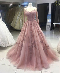 Evening Dresses Fitted, pink tulle lace prom dress long sleeve evening dress