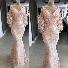 Evening Dress Wholesale, feather evening dresses long pink lace applique v neck modest elegant mermaid luxury evening gown
