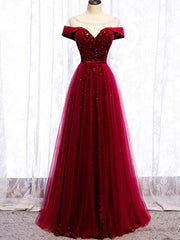 Homecoming Dresses Aesthetic, Cap Sleeve Red Sparkly Tulle Long Cheap Evening Prom Dresses