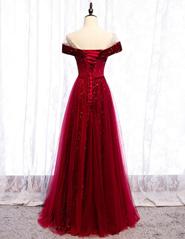 Homecoming Dresses Shop, Cap Sleeve Red Sparkly Tulle Long Cheap Evening Prom Dresses