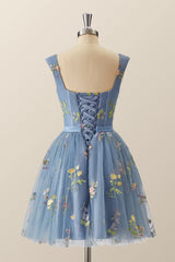 Bridesmaid Dress Ideas, Cap Sleeves Blue Floral A-line Short Dress