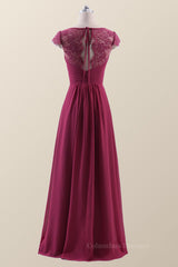Prom Gown, Cap Sleeves Burgundy Chiffon Long Bridesmaid Dress
