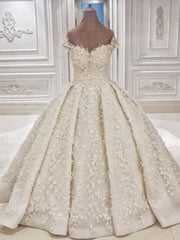 Wedding Dress Ball Gowns, Cap sleeves Off the shoulder Lace Appliques Ball Gown Wedding Dress
