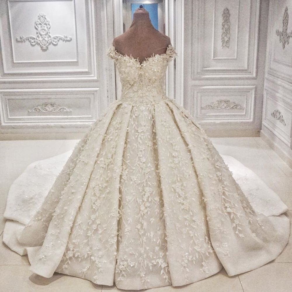 Wedding Dresses Ball Gowns, Cap sleeves Off the shoulder Lace Appliques Ball Gown Wedding Dress