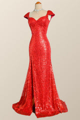 Party Dresses Summer Dresses, Cap Sleeves Red Sequin Mermaid Long Prom Dress