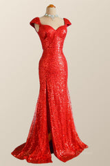Party Dress Black, Cap Sleeves Red Sequin Mermaid Long Prom Dress