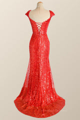Party Dress Bridal, Cap Sleeves Red Sequin Mermaid Long Prom Dress