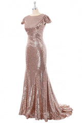 Homecoming Dresses Pretty, Cap Sleeves Rose Gold Sequin Mermaid Long Bridesmaid Dress