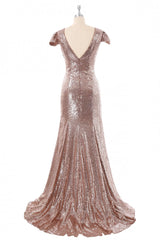 Homecoming Dress Pretty, Cap Sleeves Rose Gold Sequin Mermaid Long Bridesmaid Dress