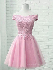 Homecoming Dress Pretty, Cap Sleeves Short Pink Lace Prom Dresses, Short Pink Lace Formal Bridesmaid Dresses