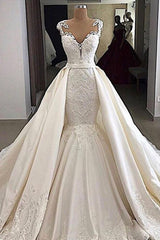 Wedding Dresses Under 505, Cap sleeves White Mermaid 2 in 1 Wedding Dresses with Overskirt
