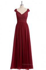 Formal Dress For Beach Wedding, Cap Sleeves Wine Red Lace and Chiffon Long Bridesmaid Dress