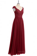 Formal Dresses Modest, Cap Sleeves Wine Red Lace and Chiffon Long Bridesmaid Dress