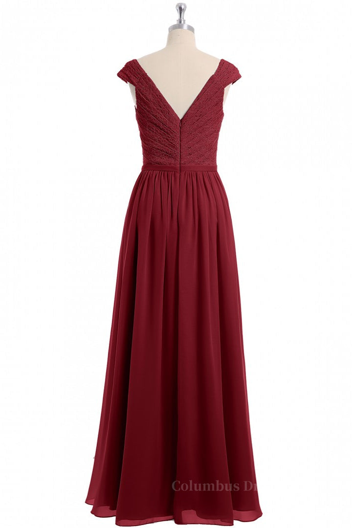 Formal Dresses For Black Tie Wedding, Cap Sleeves Wine Red Lace and Chiffon Long Bridesmaid Dress