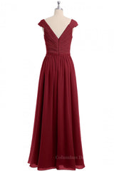 Formal Dresses For Black Tie Wedding, Cap Sleeves Wine Red Lace and Chiffon Long Bridesmaid Dress