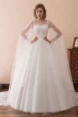 Wedding Dress Romantic, Cape Cloak Tulle Appliques White Wedding Dresses