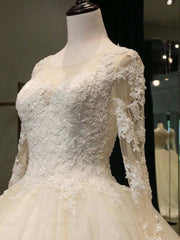 Wedding Dresses For Maids, Cathedral Train Appliques Long Sleeve A-line Wedding Dresses