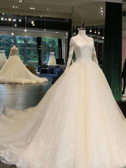 Wedding Dresses A Line Romantic, Cathedral Train Appliques Long Sleeve A-line Wedding Dresses