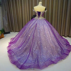 Prom Dress Modest, Purple Off The Shoulder Ball Gown Bling Bling Prom Dress