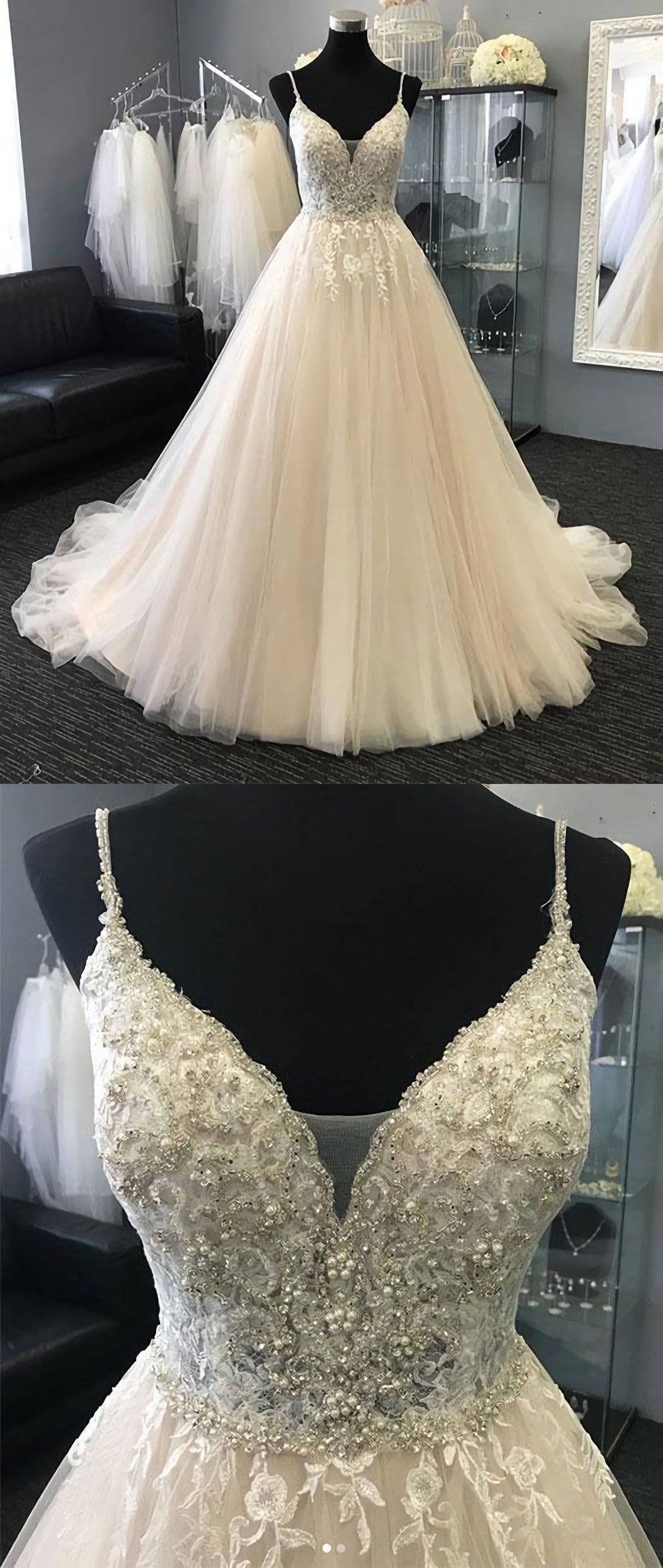 Prom Dresses For Chubby Girls, Light Champagne Tulle Lace Long Prom Dress, Champagne Evening Dress