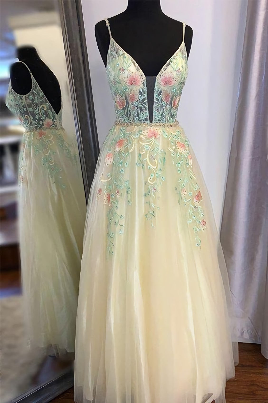 Prom Dress, Gorgeous Straps A Line Floral Embroidered Long Prom Formal Dress