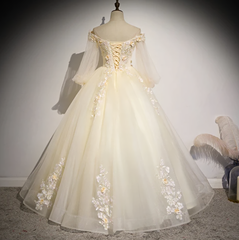 Prom Dress With Sleeves, Beautiful Ivory Tulle Long Sleeves Floral Sweet 16 Gown Party Gowns Prom Dress