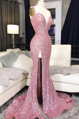 Prom Dress Long Mermaid, Pink Sweetheart Sequin Mermaid Long Prom Dress, Pink Evening Dress