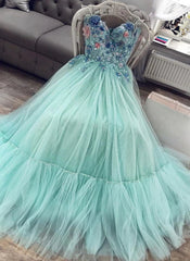 Prom Dresses Shops, A Line Mint Green Sweetheart Tulle Appliques Long Prom Dresses
