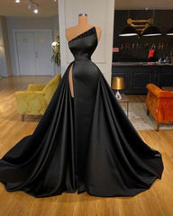 Gown, Black Satin Long Prom Dresses, Long Formal Dresses