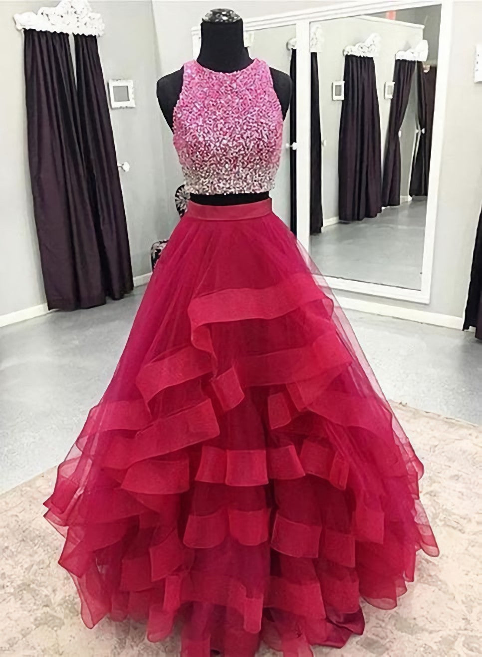 Prom Dress Silk, Two Pieces Prom Dress, Long Dress, Back To Schoold Party Gown