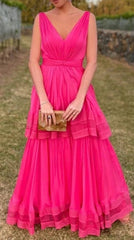 Bridesmaid Dresses Different Colors, Hot Pink V-Neck A-Line Chiffon Two Layers Evening Dresses Long Prom Dresses