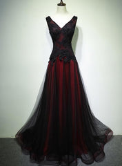 Prom Dresses Champagne, Gorgeous Black And Red V Neckline Tulle Beaded Prom Dress, Long Evening Gown