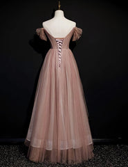 Prom Dresses With Slits, Dark Pink Tulle Beaded Layer Tulle Long Evening Dress, Charming Prom Dress
