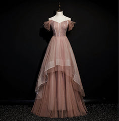 Prom Dress Patterns, Dark Pink Tulle Beaded Layer Tulle Long Evening Dress, Charming Prom Dress