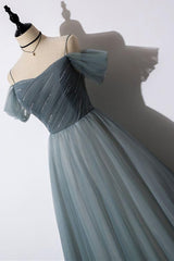 Prom Dress For Girl, Off The Shoulder Grey Tulle Prom Dress