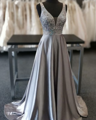 Bridesmaid Dress Custom, Beautiful Elegant Silver Grey Prom Dress, Beaded Evening Gowns V Neck Formal Dress, Special Occasion Dress