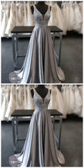 Bridesmaid Dresses Beach, Beautiful Elegant Silver Grey Prom Dress, Beaded Evening Gowns V Neck Formal Dress, Special Occasion Dress