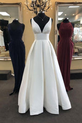Prom Dresses Two Piece, White V Neck Satin Long Prom Dress, White Evening