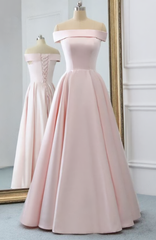 Prom Dress Corset Ball Gown, Pink Satin Long Evening Dress, With Pockets Pink Prom Gowns