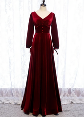 Prom Dresses For Teens Long, Charming Dark Red Velvet Long Sleeves A Line Party Dress, Party Prom Dress
