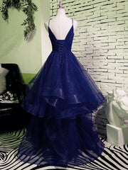 Prom Dresses Blues, Charming Spaghetti Strps Navy Blue Prom Dress 2024 Tulle Layers Long Evening Gown